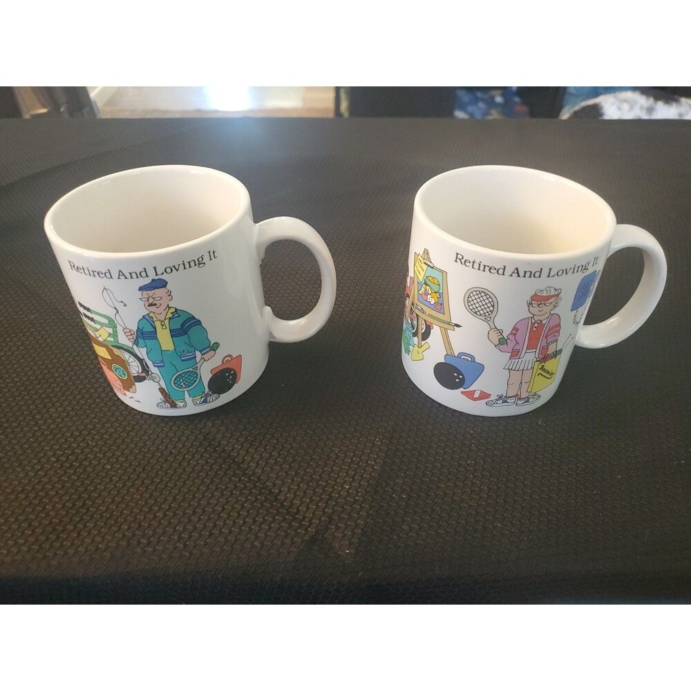 2 Vtg Russ Retired and Loving It Coffee Mug Set EUC Great Gift